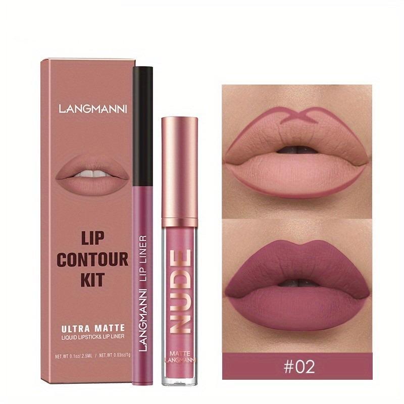 Long-lasting Lip Gloss & Lip Liner Makeup Set, 2 Counts Waterproof Liquid Lipstick, Moisturizing Lip Kit for Girls & Women, Cosmetic Gift