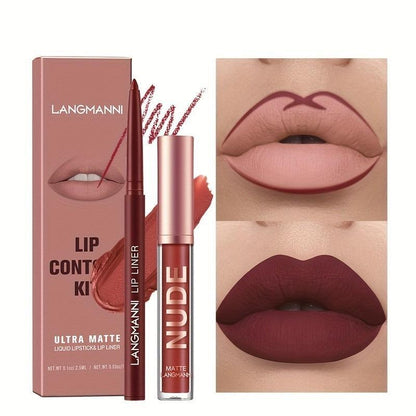 Long-lasting Lip Gloss & Lip Liner Makeup Set, 2 Counts Waterproof Liquid Lipstick, Moisturizing Lip Kit for Girls & Women, Cosmetic Gift