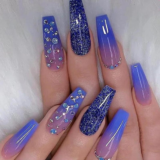 Rhinestone Decor Fantasy Galaxy Pattern Fake Nail Kit, 24pcs/set Long Coffin Press on Nails, Fashion Fake Nails Tips for Women & Girls DIY Nail Art, Elegant Glue on Nails for Daily & Party, Cosmetic Beauty Gifts