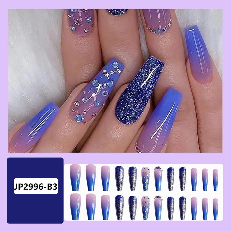 Rhinestone Decor Fantasy Galaxy Pattern Fake Nail Kit, 24pcs/set Long Coffin Press on Nails, Fashion Fake Nails Tips for Women & Girls DIY Nail Art, Elegant Glue on Nails for Daily & Party, Cosmetic Beauty Gifts