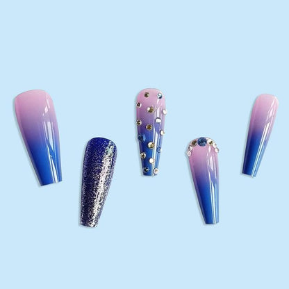 Rhinestone Decor Fantasy Galaxy Pattern Fake Nail Kit, 24pcs/set Long Coffin Press on Nails, Fashion Fake Nails Tips for Women & Girls DIY Nail Art, Elegant Glue on Nails for Daily & Party, Cosmetic Beauty Gifts