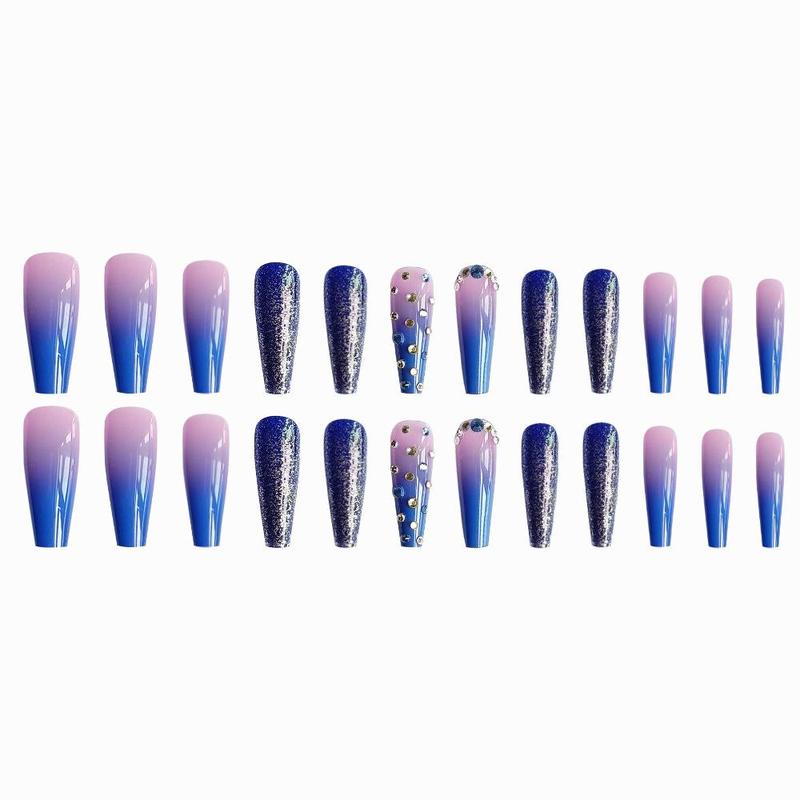 Rhinestone Decor Fantasy Galaxy Pattern Fake Nail Kit, 24pcs/set Long Coffin Press on Nails, Fashion Fake Nails Tips for Women & Girls DIY Nail Art, Elegant Glue on Nails for Daily & Party, Cosmetic Beauty Gifts