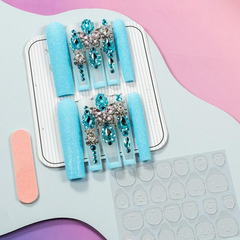 Rhinestone Decor Fake Nail & 1 Sheet Tape & Nail File, 10pcs Long False Nails for Women Girls Nail Art, Effortless Press On Nails Manicure Set