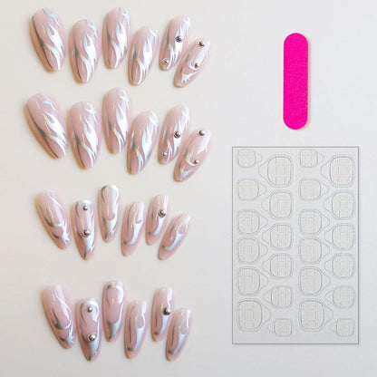 Long Almond Fake Nail & 1 Sheet Tape & 1 Count Nail File, 24pcs/set Wave Pattern Press on Nail for Women & Girls, DIY Nail Art