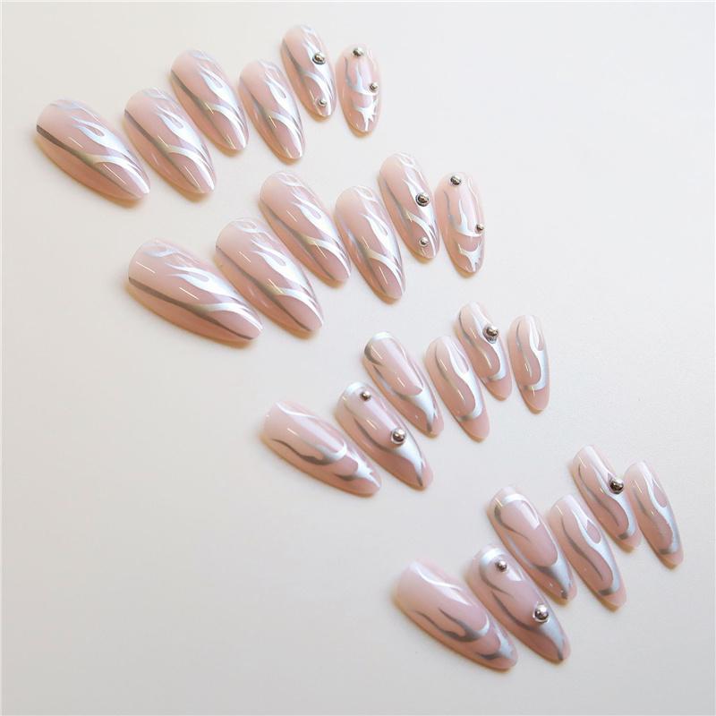 Long Almond Fake Nail & 1 Sheet Tape & 1 Count Nail File, 24pcs/set Wave Pattern Press on Nail for Women & Girls, DIY Nail Art