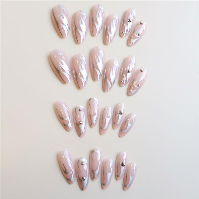 Long Almond Fake Nail & 1 Sheet Tape & 1 Count Nail File, 24pcs/set Wave Pattern Press on Nail for Women & Girls, DIY Nail Art