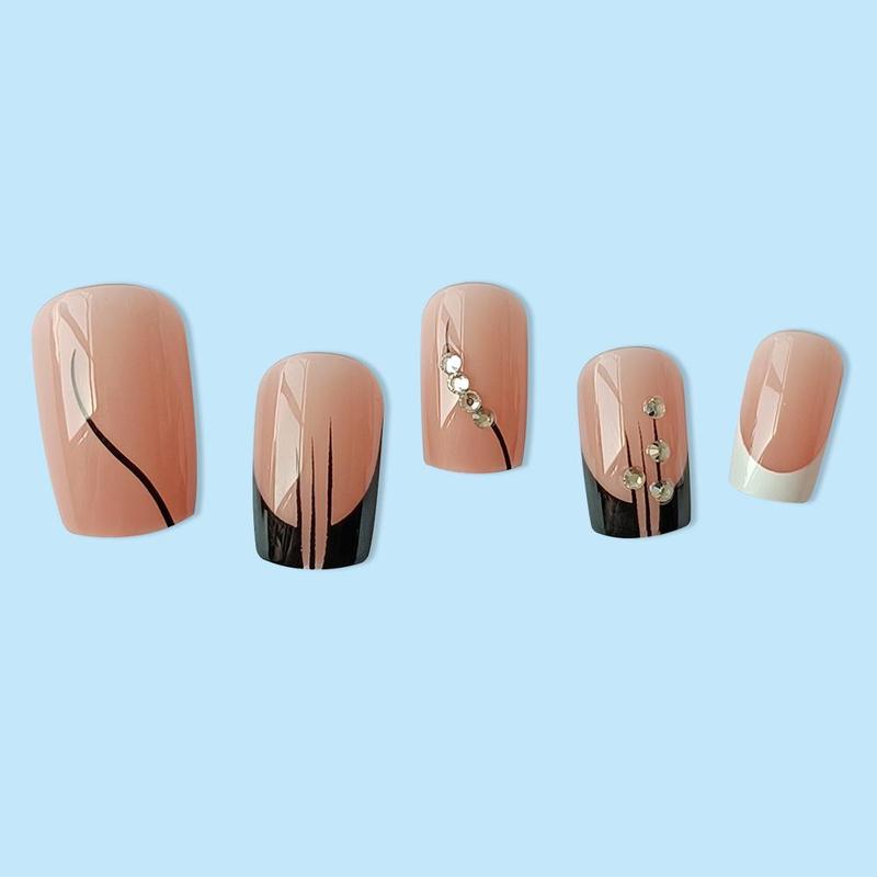 1 Box Rhinestone Decor Line Pattern Square Press On Fake Nail, Removable Nail Art Artificial Full Cover, Women Girls DIY Manicure, Elegant Press On Fake Nail Kit, Manicure Accessories