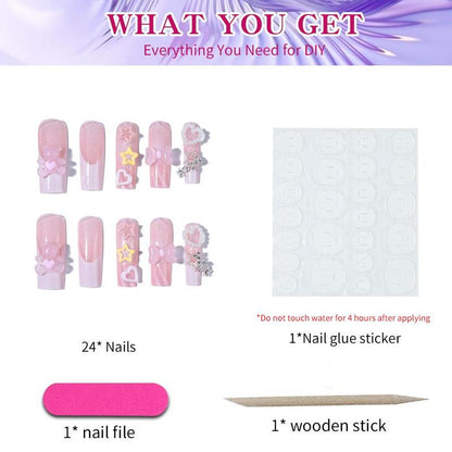 Cute Bear & Heart Decor Long Square Fake Nails & 1 Count Tape & 1 Count Nail File & 1 Count Stick, 24pcs Removable False Nails for Women Girls Nail Art, Effortless Press on Nails Manicure Set, Press on Acrylic Nail Kit for Women & Girls