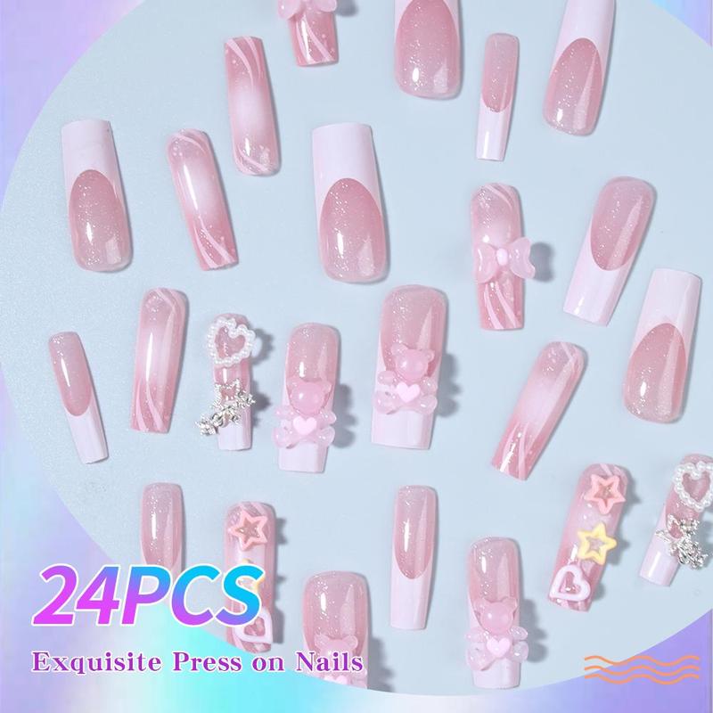 Cute Bear & Heart Decor Long Square Fake Nails & 1 Count Tape & 1 Count Nail File & 1 Count Stick, 24pcs Removable False Nails for Women Girls Nail Art, Effortless Press on Nails Manicure Set, Press on Acrylic Nail Kit for Women & Girls