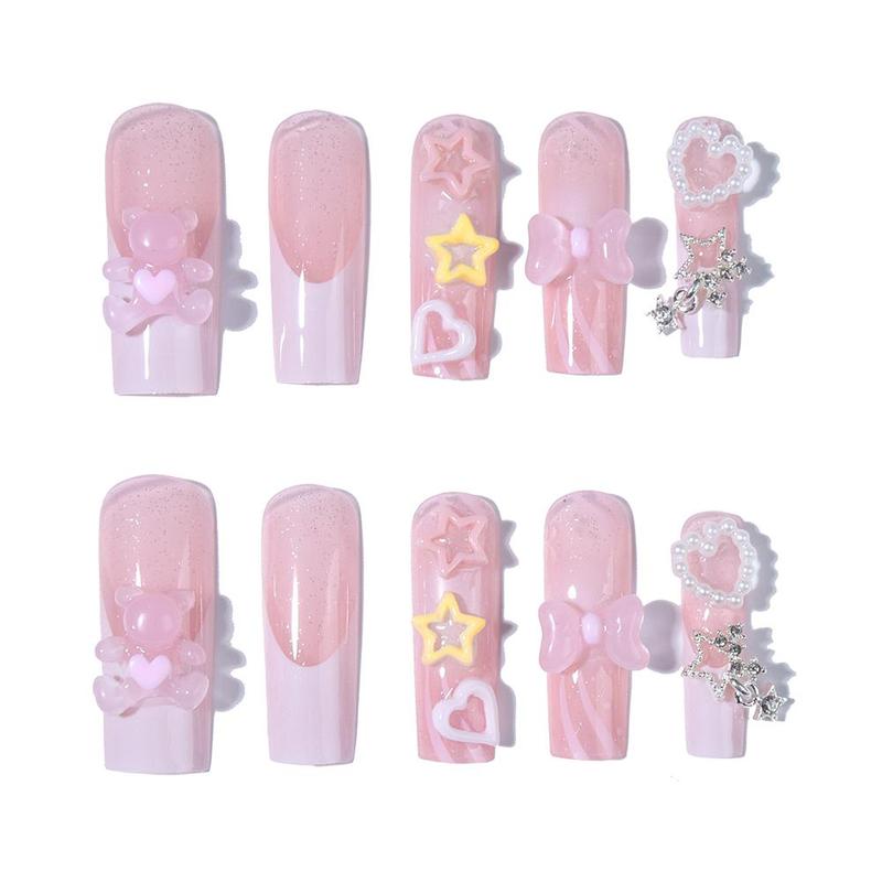 Cute Bear & Heart Decor Long Square Fake Nails & 1 Count Tape & 1 Count Nail File & 1 Count Stick, 24pcs Removable False Nails for Women Girls Nail Art, Effortless Press on Nails Manicure Set, Press on Acrylic Nail Kit for Women & Girls