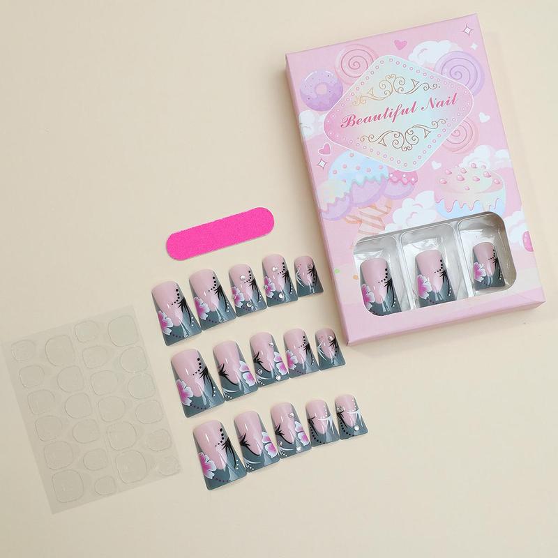 Duck-billed Ditsy Floral Pattern Press on Nail for Women & Girls, 24pcs Rhinestone Decor Fake Nails with Nail Art Tools, Elegant Stick on Nails Kit for Gift