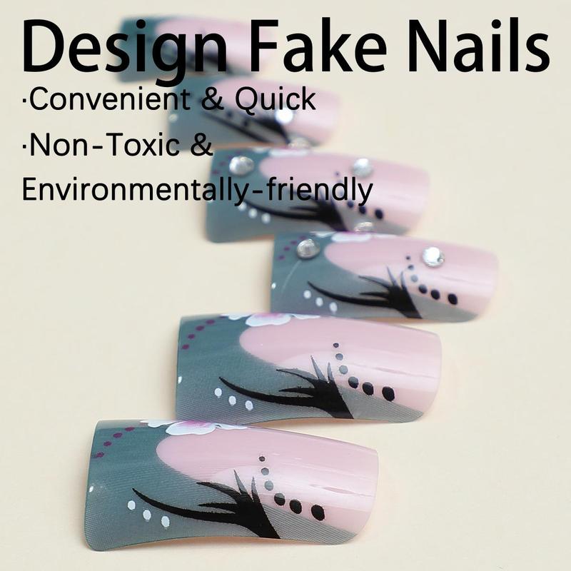 Duck-billed Ditsy Floral Pattern Press on Nail for Women & Girls, 24pcs Rhinestone Decor Fake Nails with Nail Art Tools, Elegant Stick on Nails Kit for Gift