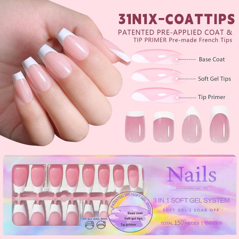 French Style Soft Gel Nail Tips, 150pcs Full Cover Press On Nails Kit, Nail Art Kit, Portable Finger Manicure Kit For Beginners, Artificial Full Covers For Women & Girls, Summer Gift