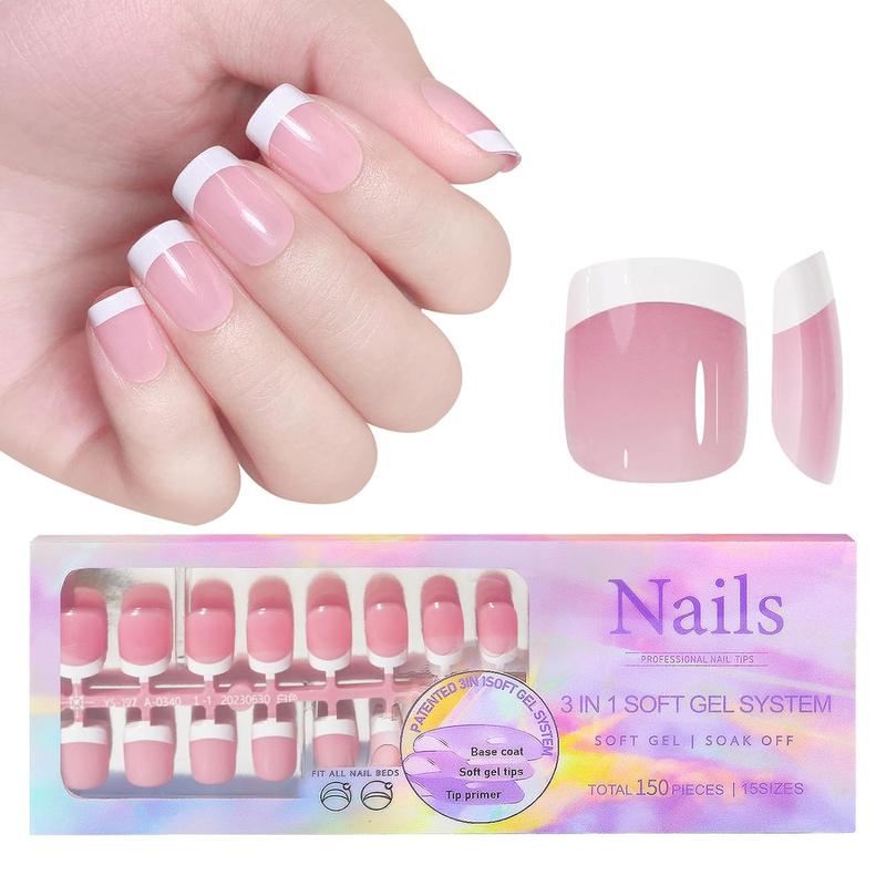 French Style Soft Gel Nail Tips, 150pcs Full Cover Press On Nails Kit, Nail Art Kit, Portable Finger Manicure Kit For Beginners, Artificial Full Covers For Women & Girls, Summer Gift