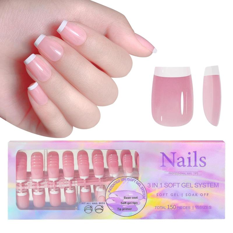 French Style Soft Gel Nail Tips, 150pcs Full Cover Press On Nails Kit, Nail Art Kit, Portable Finger Manicure Kit For Beginners, Artificial Full Covers For Women & Girls, Summer Gift