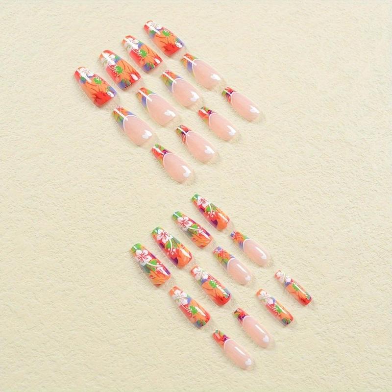 Colorblock Flower & Heart Pattern Press on Fake Nail for Women & Girls Nail Art, 24pcs/set Fashion Press on Nails & 1 Sheet Tape & 1 Count Nail File, Elegant Stick on Nails Kit for Women's Gift