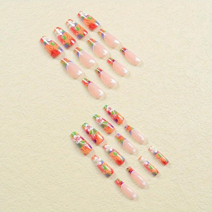 Colorblock Flower & Heart Pattern Press on Fake Nail for Women & Girls Nail Art, 24pcs/set Fashion Press on Nails & 1 Sheet Tape & 1 Count Nail File, Elegant Stick on Nails Kit for Women's Gift