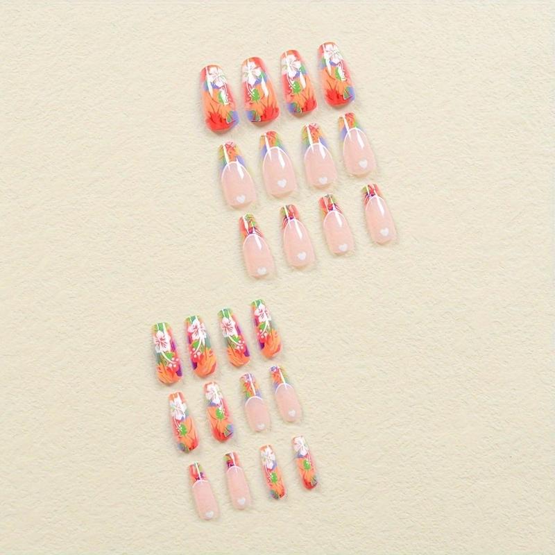 Colorblock Flower & Heart Pattern Press on Fake Nail for Women & Girls Nail Art, 24pcs/set Fashion Press on Nails & 1 Sheet Tape & 1 Count Nail File, Elegant Stick on Nails Kit for Women's Gift