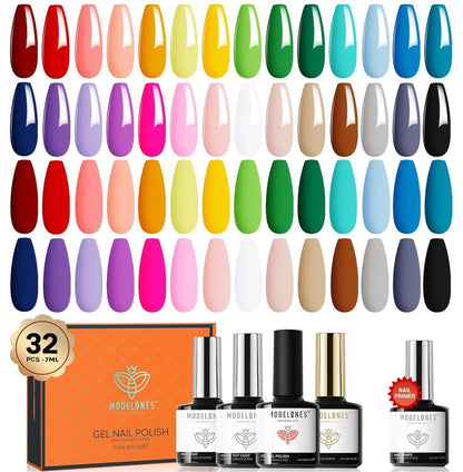 [Crazy Price]Modelones 32 PCS Gel Nail Polish Set, 28 Colors Gel Polish Set with Glossy & Matte Top Base Coat and Bond Primer, Rainbow island, Multicolors, Nude pink set Nails Gifts for Women DIY Salon at Home