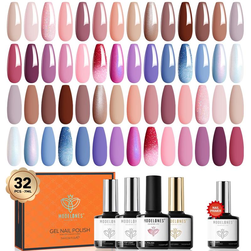 [Crazy Price]Modelones 32 PCS Gel Nail Polish Set, 28 Colors Gel Polish Set with Glossy & Matte Top Base Coat and Bond Primer, Rainbow island, Multicolors, Nude pink set Nails Gifts for Women DIY Salon at Home