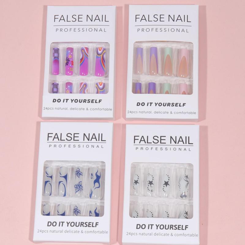 Assorted Designs Long Square Fake Nails Kit, 4 Boxes Mixed Pattern Decorative Press On Nails with Sheet Tapes & Nail Files, Reusable Nail Art Kit for Women & Girls, Trending Products, Summer Gifts