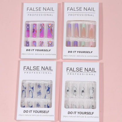 Assorted Designs Long Square Fake Nails Kit, 4 Boxes Mixed Pattern Decorative Press On Nails with Sheet Tapes & Nail Files, Reusable Nail Art Kit for Women & Girls, Trending Products, Summer Gifts