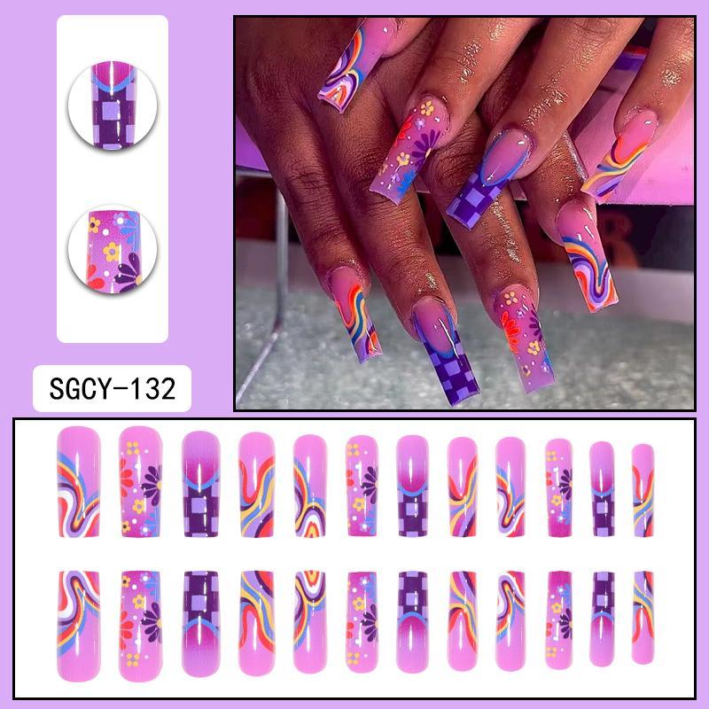 Assorted Designs Long Square Fake Nails Kit, 4 Boxes Mixed Pattern Decorative Press On Nails with Sheet Tapes & Nail Files, Reusable Nail Art Kit for Women & Girls, Trending Products, Summer Gifts