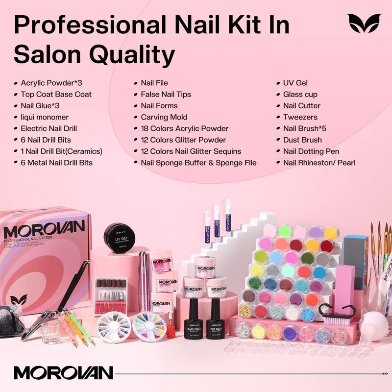 Morovan Acrylic Nail Kit with Drill - Nails Kit Acrylic Set for Beginners With Everything Glitter Acrylic Powder Set for Nails Supplies Acrylic Brushes Nail Tips Art Decoration Tools DIY Salon at Home