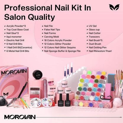 Morovan Acrylic Nail Kit with Drill - Nails Kit Acrylic Set for Beginners With Everything Glitter Acrylic Powder Set for Nails Supplies Acrylic Brushes Nail Tips Art Decoration Tools DIY Salon at Home