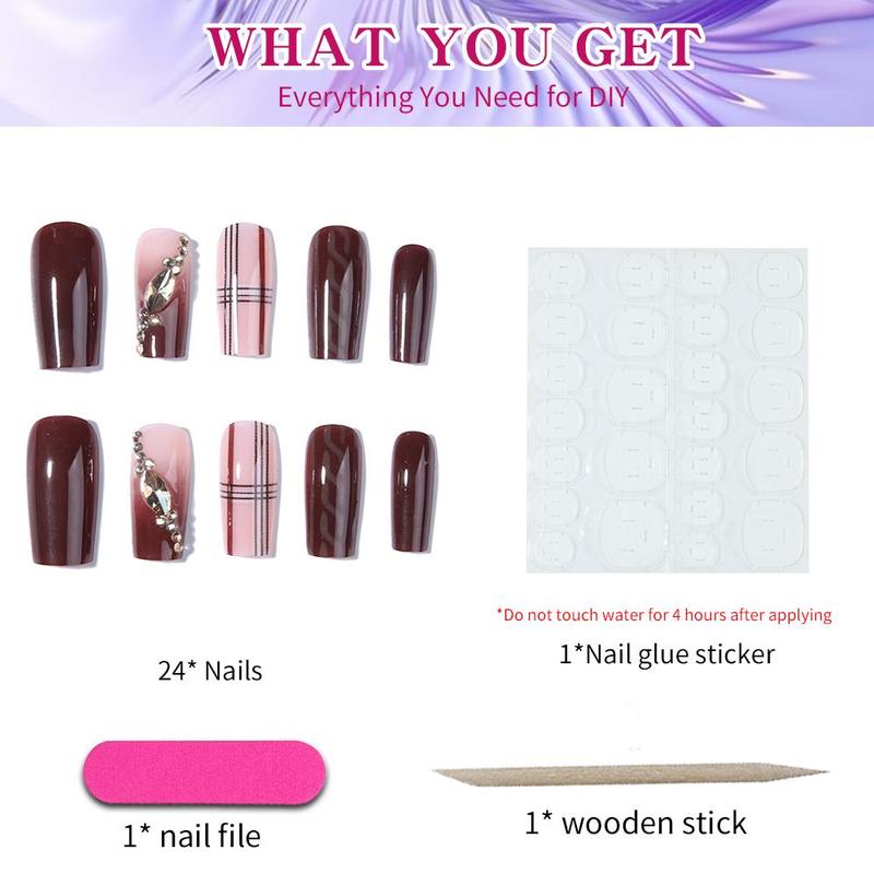 Rhinestone Decor Fake Nails with Nail File & Sticker & Stick, 24pcs/set Long Shimmering False Nails for Women Girls Nail Art