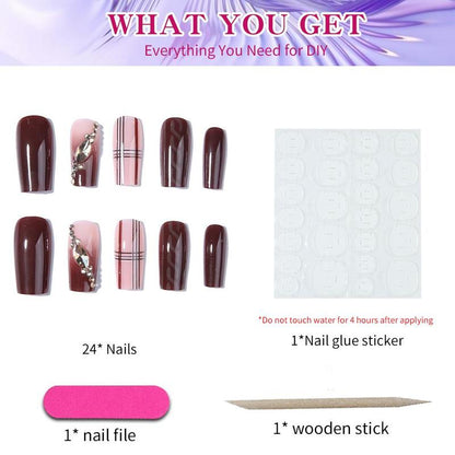 Rhinestone Decor Fake Nails with Nail File & Sticker & Stick, 24pcs/set Long Shimmering False Nails for Women Girls Nail Art