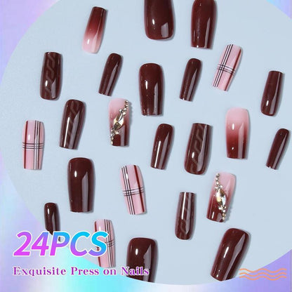 Rhinestone Decor Fake Nails with Nail File & Sticker & Stick, 24pcs/set Long Shimmering False Nails for Women Girls Nail Art