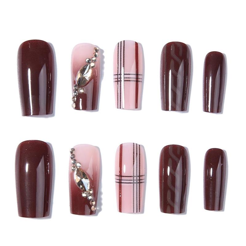 Rhinestone Decor Fake Nails with Nail File & Sticker & Stick, 24pcs/set Long Shimmering False Nails for Women Girls Nail Art