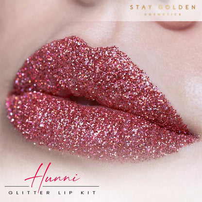 Stay Golden Cosmetics | Hunni Glitter Lip Kit without Lip Liner | Comes with Applicator, Cosmetic Glitter and Gloss Bond | Long-lasting High Pigmentation  Lipstick Makeup, Matte Finish