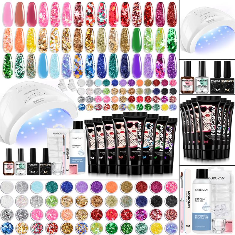 MOROVAN 8 Colors Poly Nail Gel Kit: 48 Colors Glitter Powder Poly Gel Kit with Nail Lamp Poly Gel Extension Nail Kit for Beginners and Professionals 2024 Nail Trends