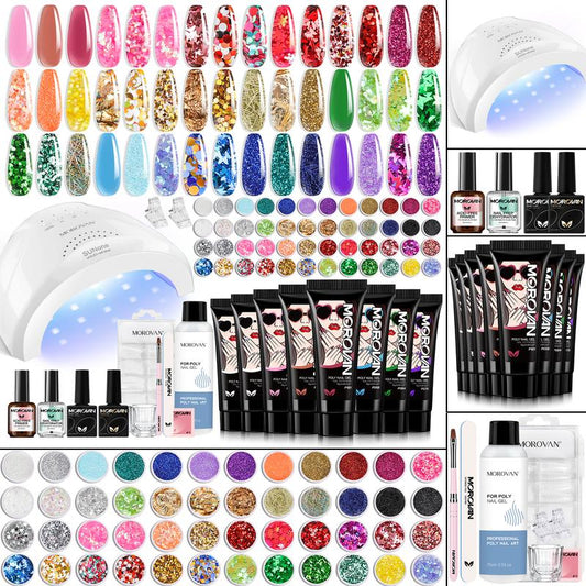 MOROVAN 8 Colors Poly Nail Gel Kit: 48 Colors Glitter Powder Poly Gel Kit with Nail Lamp Poly Gel Extension Nail Kit for Beginners and Professionals 2024 Nail Trends