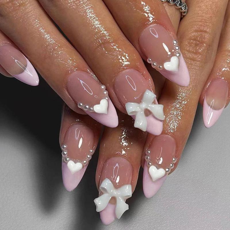 Glossy Almond-shape Fake Pearl Bow Heart Fake Nails With Jelly Glue & Rubbing Strip, 24pcs Removable Nail Art Kit, Artificial Full Covers For Women & Girls