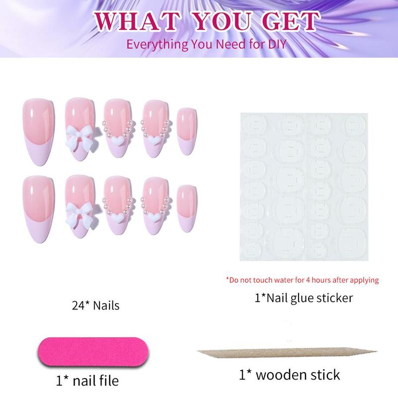 Glossy Almond-shape Fake Pearl Bow Heart Fake Nails With Jelly Glue & Rubbing Strip, 24pcs Removable Nail Art Kit, Artificial Full Covers For Women & Girls