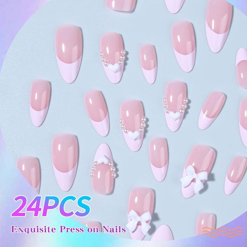 Glossy Almond-shape Fake Pearl Bow Heart Fake Nails With Jelly Glue & Rubbing Strip, 24pcs Removable Nail Art Kit, Artificial Full Covers For Women & Girls