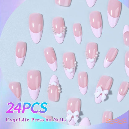 Glossy Almond-shape Fake Pearl Bow Heart Fake Nails With Jelly Glue & Rubbing Strip, 24pcs Removable Nail Art Kit, Artificial Full Covers For Women & Girls