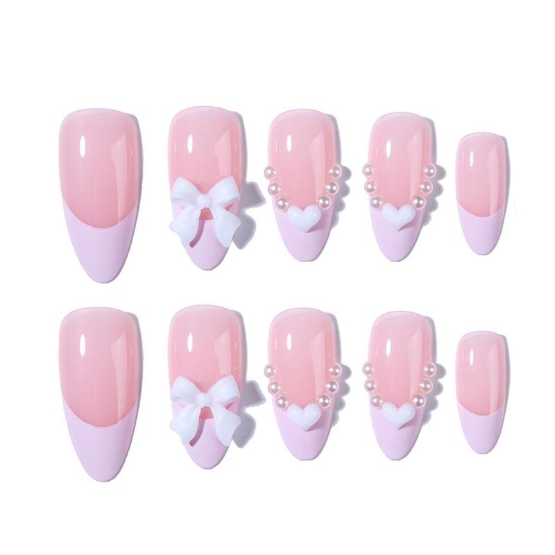 Glossy Almond-shape Fake Pearl Bow Heart Fake Nails With Jelly Glue & Rubbing Strip, 24pcs Removable Nail Art Kit, Artificial Full Covers For Women & Girls