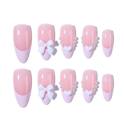 Glossy Almond-shape Fake Pearl Bow Heart Fake Nails With Jelly Glue & Rubbing Strip, 24pcs Removable Nail Art Kit, Artificial Full Covers For Women & Girls