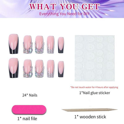 Rhinestone Decor Long Square Fake Nail & 1 Count Tape & 1 Count Nail File & 1 Count Stick, 24pcs Glossy Shimmering False Nails for Women Girls Nail Art, Effortless Press on Nails Manicure Set