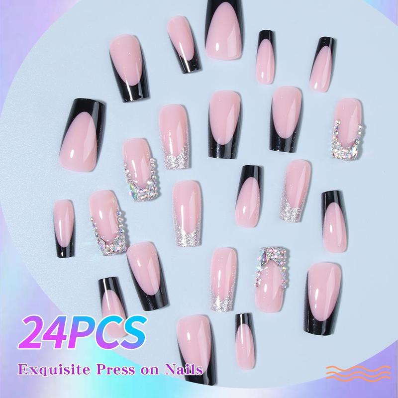 Rhinestone Decor Long Square Fake Nail & 1 Count Tape & 1 Count Nail File & 1 Count Stick, 24pcs Glossy Shimmering False Nails for Women Girls Nail Art, Effortless Press on Nails Manicure Set