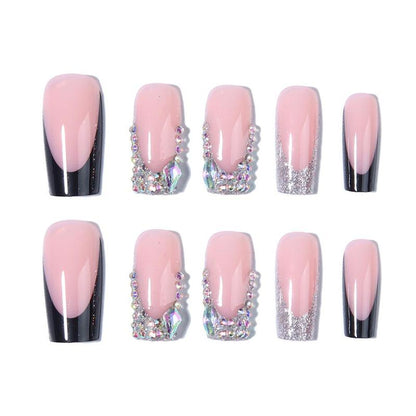 Rhinestone Decor Long Square Fake Nail & 1 Count Tape & 1 Count Nail File & 1 Count Stick, 24pcs Glossy Shimmering False Nails for Women Girls Nail Art, Effortless Press on Nails Manicure Set