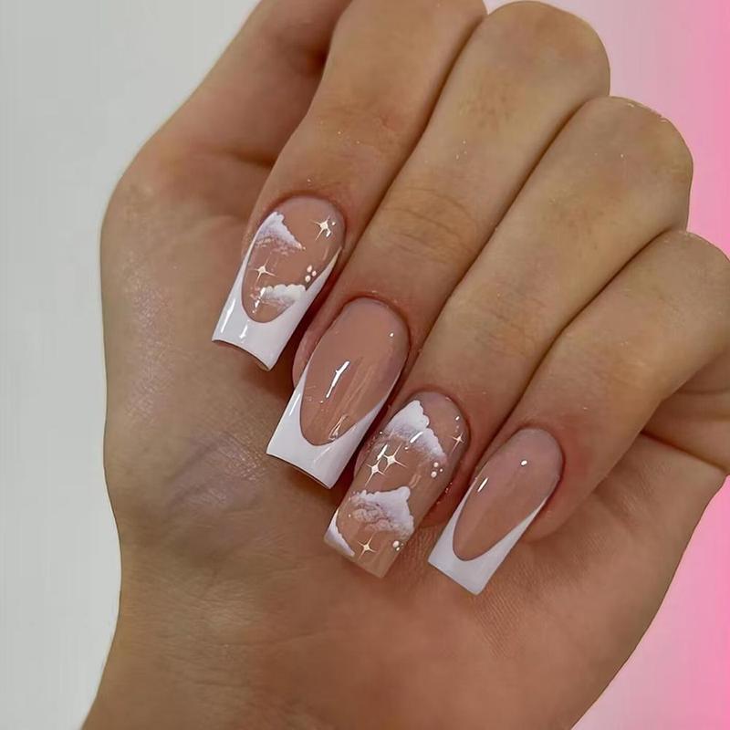 Cloud & Star Design French Style Fake Nail, 24pcs/set Cloud Design False Nails for Women & Girls DIY Nail Art, French Style Press On Nails Stick On Nail