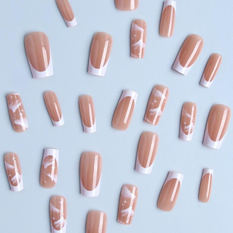 Cloud & Star Design French Style Fake Nail, 24pcs/set Cloud Design False Nails for Women & Girls DIY Nail Art, French Style Press On Nails Stick On Nail