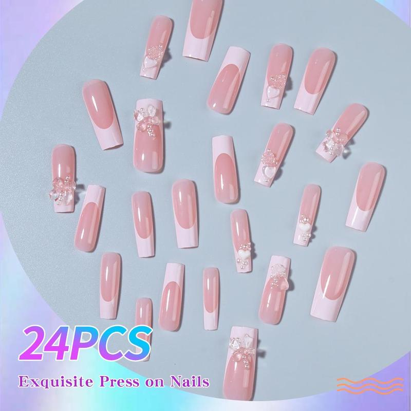 24pcs/set Faux Pearl, Heart, Bow Design Fake Nails with 1 Nail File & 1 Sticker Sheet, Long Square False Nails for Women & Girls DIY Nail Art, Elegant Press On Fake Nail Kit, Manicure Accessories