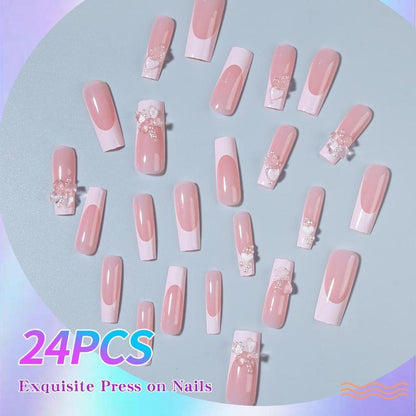 24pcs/set Faux Pearl, Heart, Bow Design Fake Nails with 1 Nail File & 1 Sticker Sheet, Long Square False Nails for Women & Girls DIY Nail Art, Elegant Press On Fake Nail Kit, Manicure Accessories