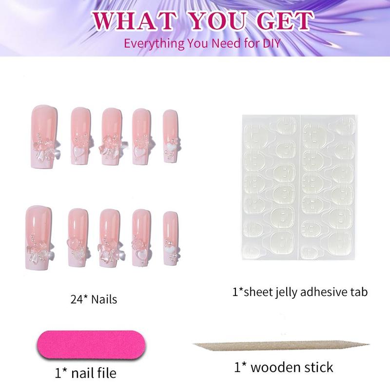 24pcs/set Faux Pearl, Heart, Bow Design Fake Nails with 1 Nail File & 1 Sticker Sheet, Long Square False Nails for Women & Girls DIY Nail Art, Elegant Press On Fake Nail Kit, Manicure Accessories